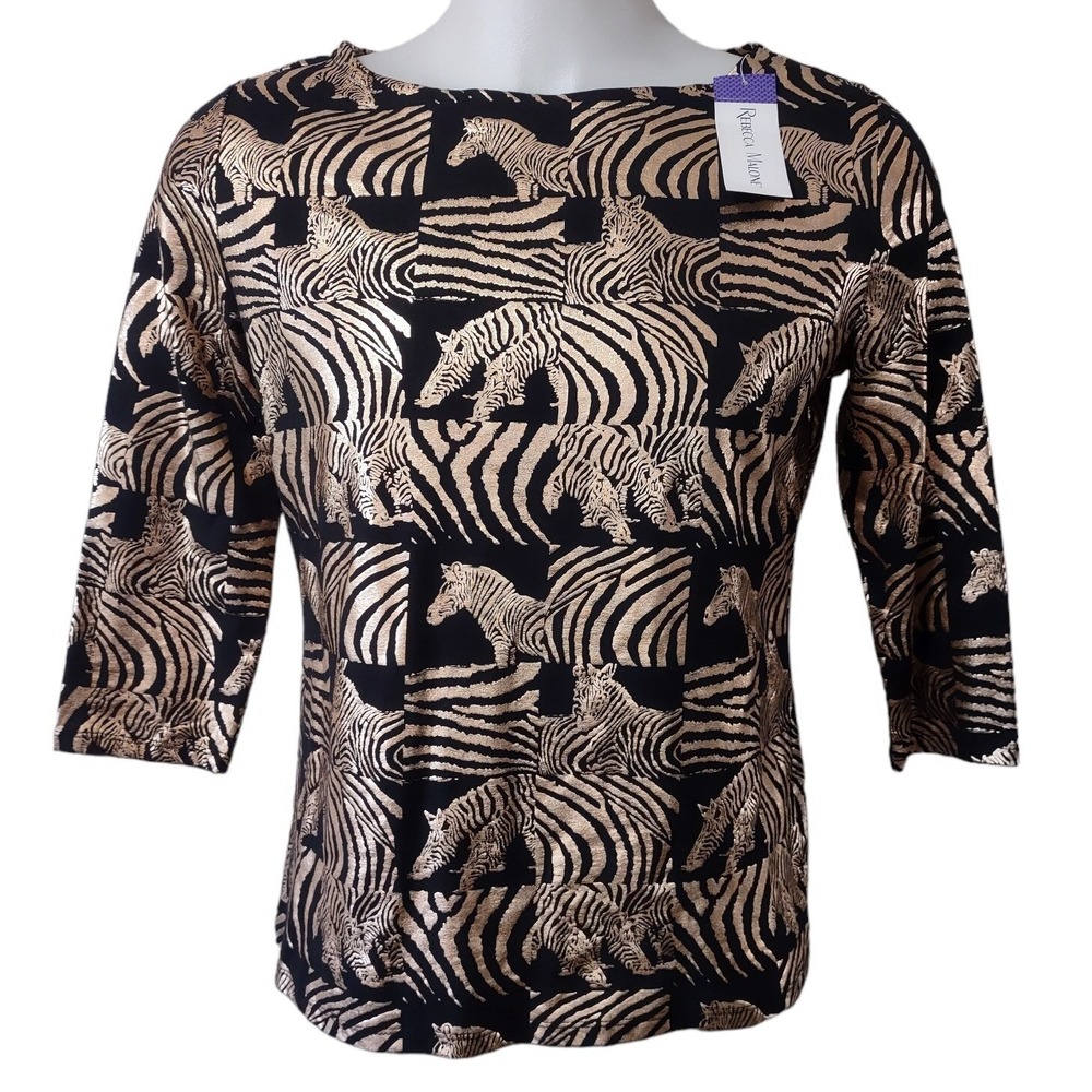 Rebecca Malone Top Shirt Woman's Size Large Gold Black Zebra Design 3/4 Sleeve
